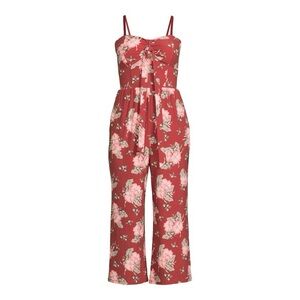 No Boundaries Tie Front Strapless Floral Jumpsuit Size L Rusty Brick